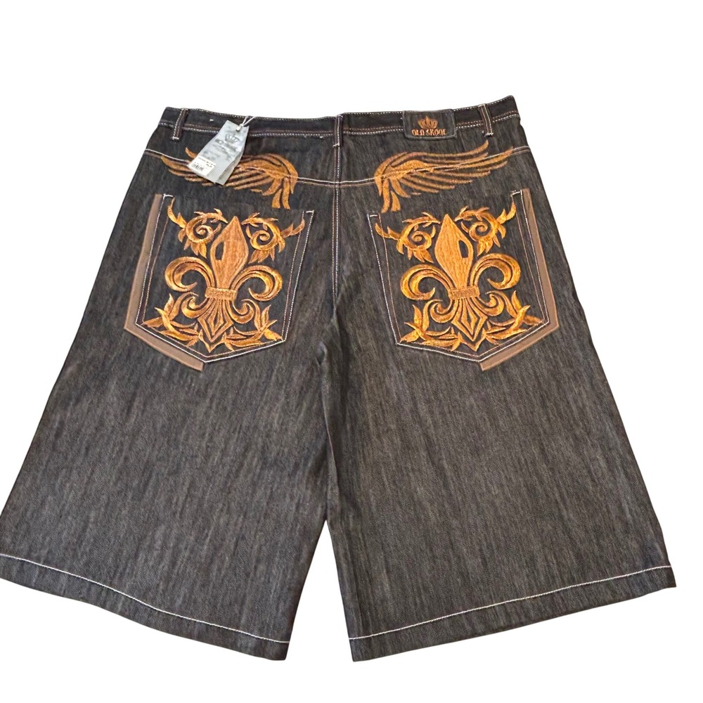 Y2k Old Skool denim Baggy Jean Shorts men's 48 Embroidered pockets Fleur De Lis